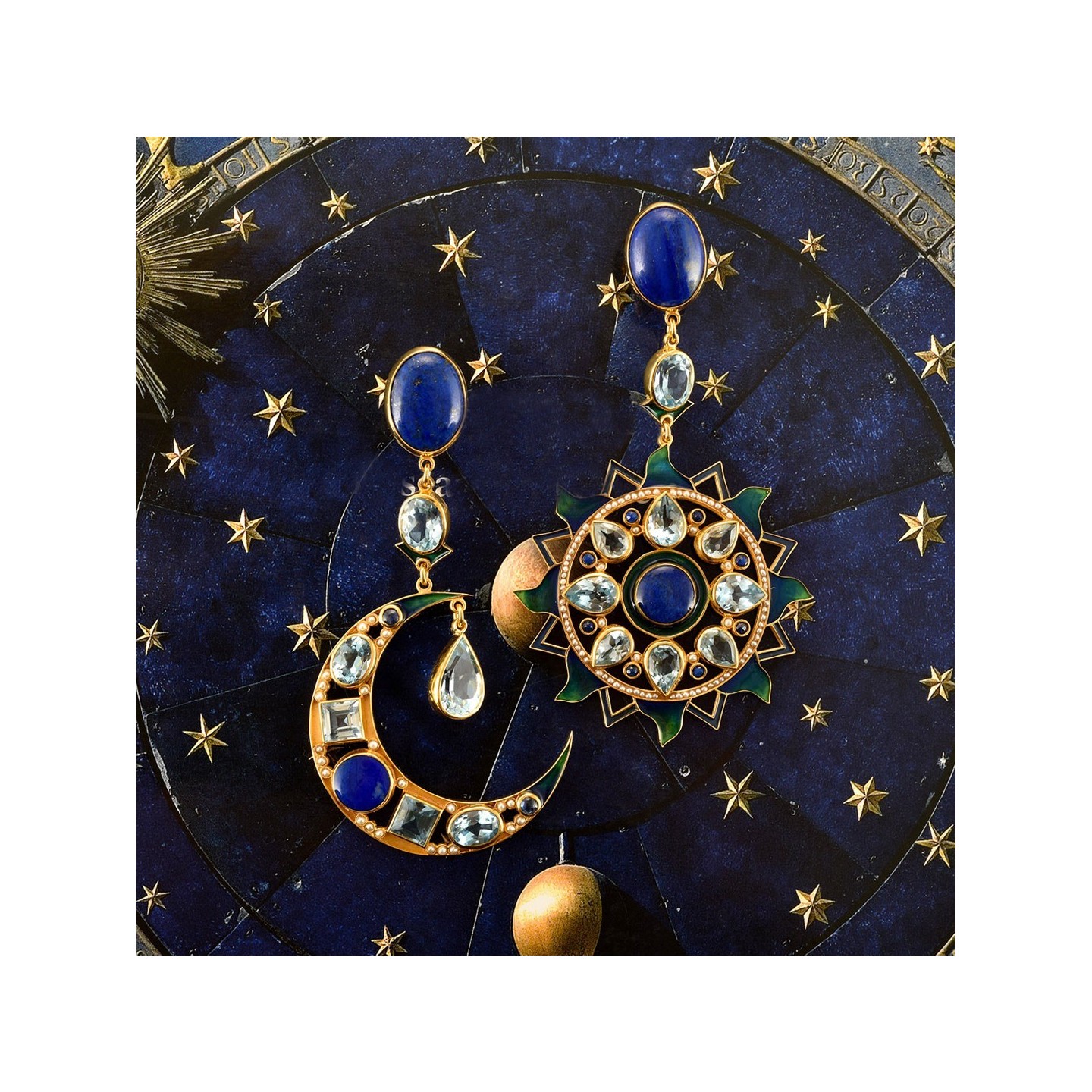 Orecchini sole e luna, realizzati a mano in Italia nell'atelier Percossi Papi con pietre naturali