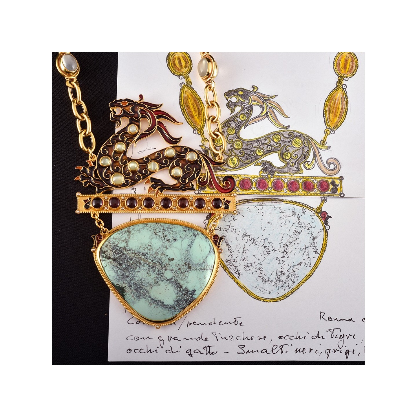 Chinese dragon pendant, handmade in Italy by Percossi Papi with natural stones