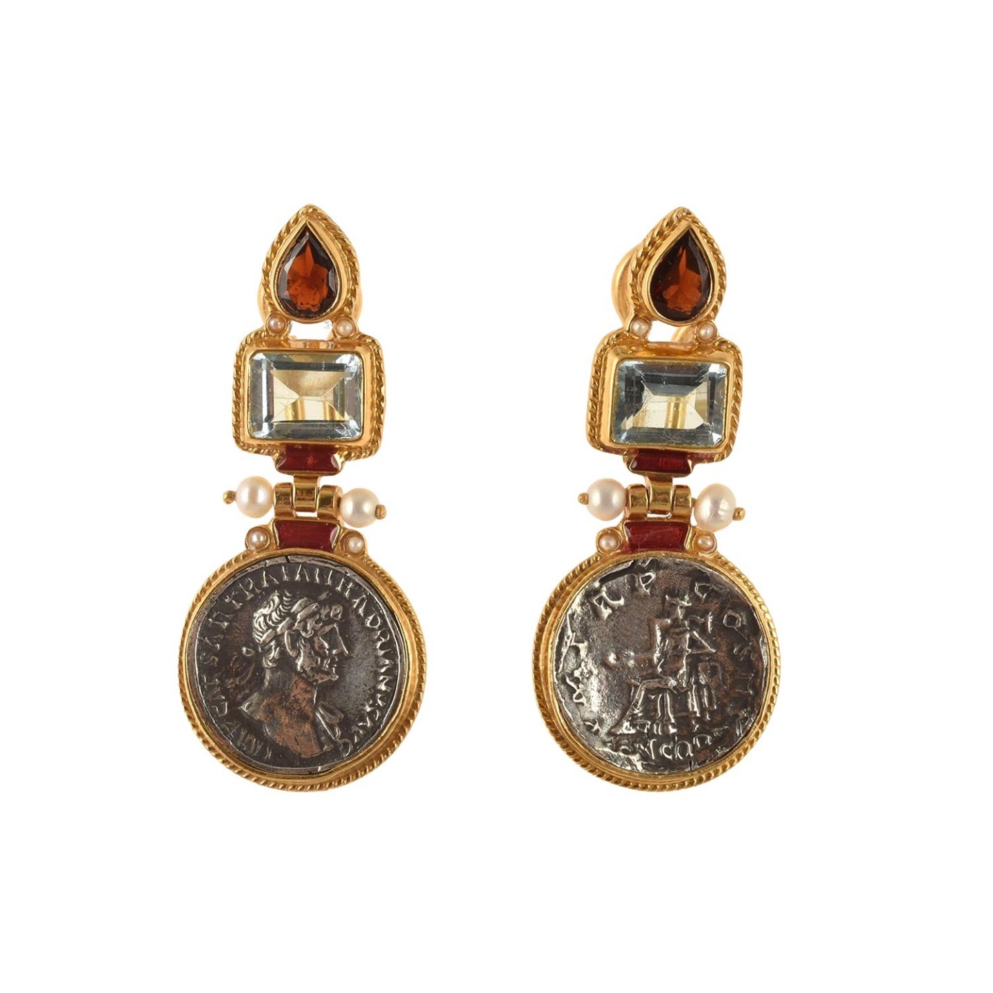 Roman coin earrings, handmade in Italy by Percossi Papi with reproduction of ancient coin and natural stones