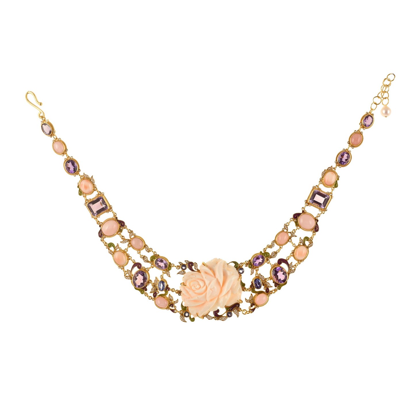 Coral floral necklace handmade in Italy by Percossi Papi with natural stones