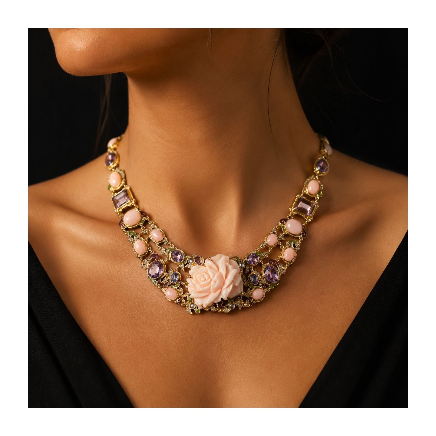 Collana floreale coralli, realizzata a mano in Italia  da Percossi Papi con pietre naturali
