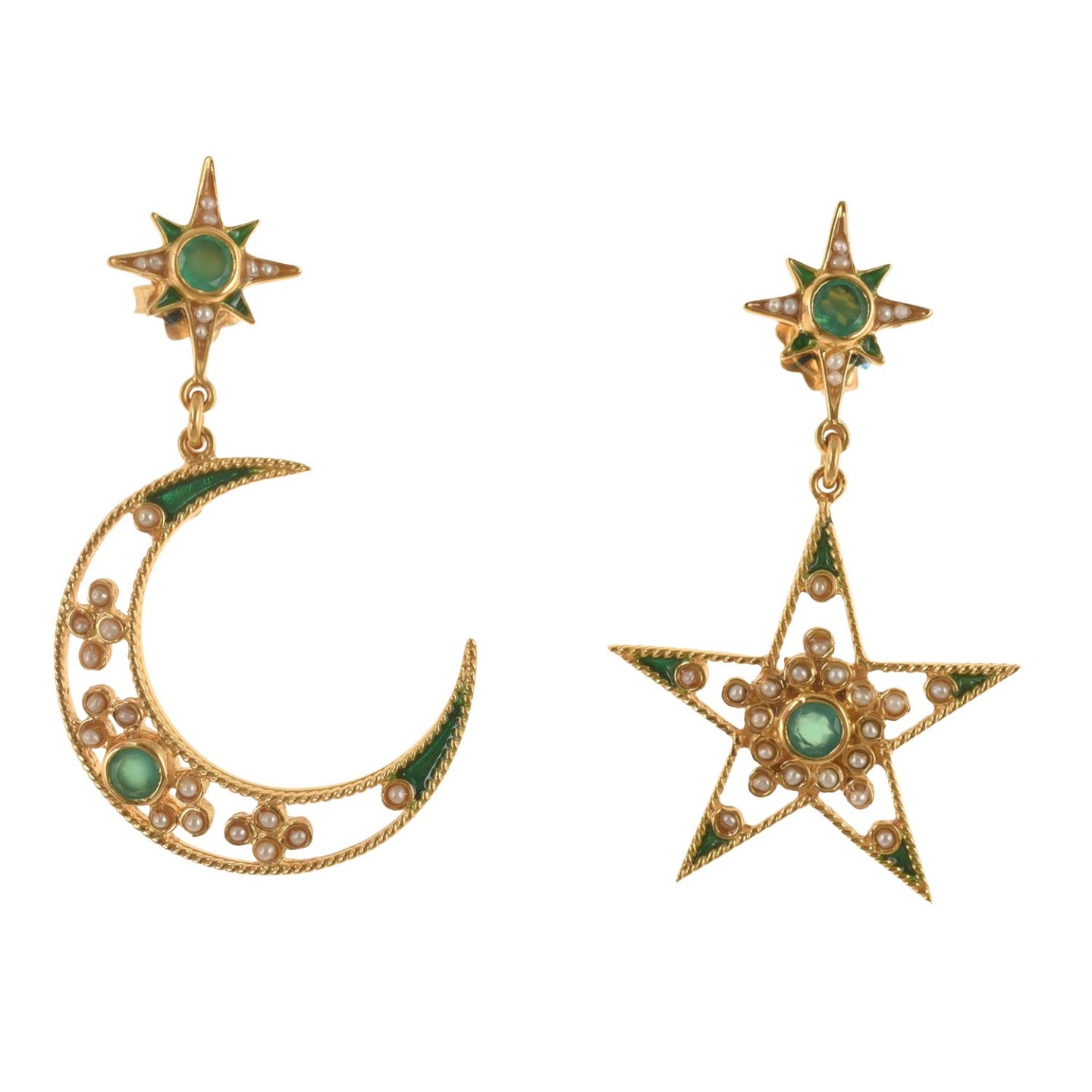 Moon and star earrings, handmade in Italy by Percossi Papi with natural stones