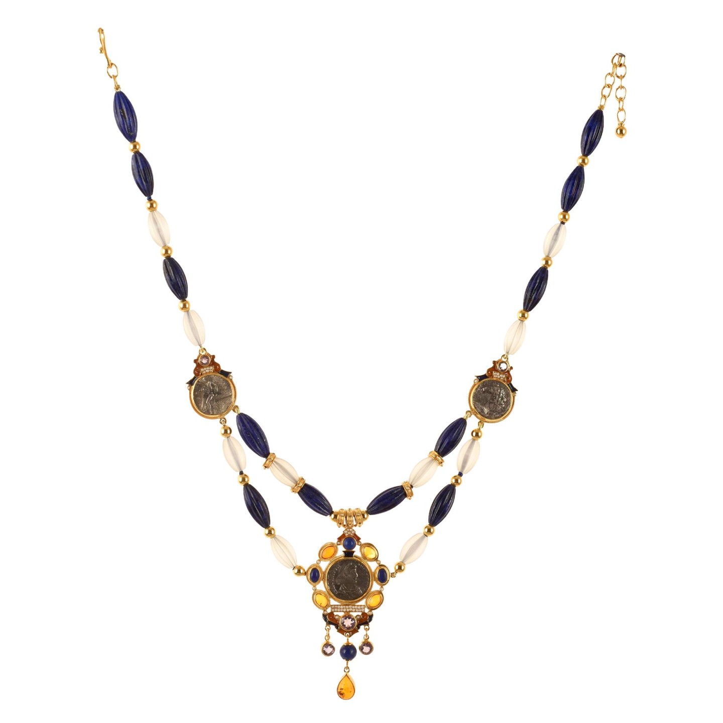 Roman coin necklace, handmade in Italy by Percossi Papi with natural stones