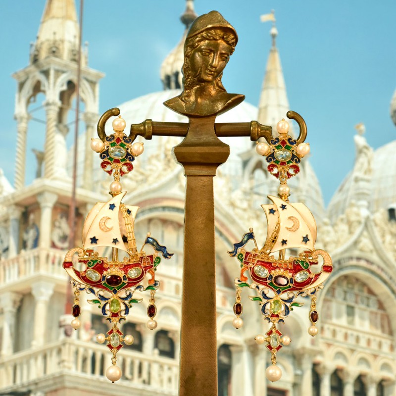 Venezia galleon ship earrings, made in Italy by Percossi Papi with natural stones