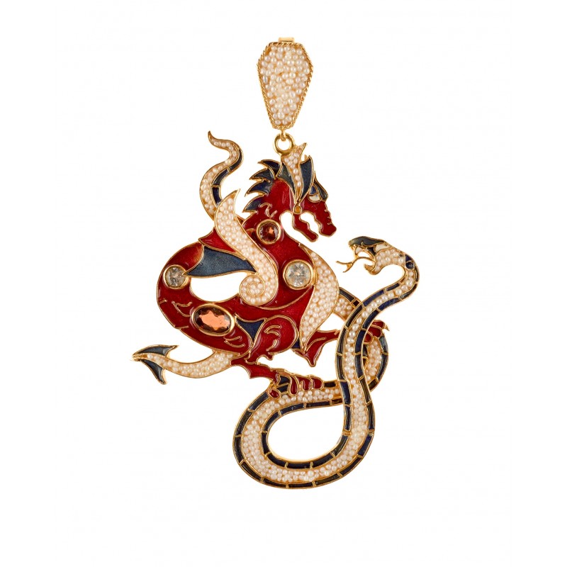 Dragon and Snake pendant, handmade in Italy by Percossi Papi with natural stones
