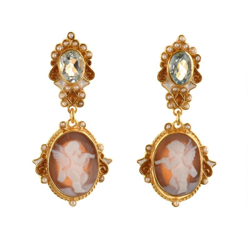 Button cameo earrings, handmade in Italy by Percossi Papi with natural stones