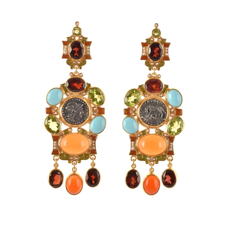 Roman coin earrings, handmade in Italy by Percossi Papi with reproduction of ancient coin and natural stones