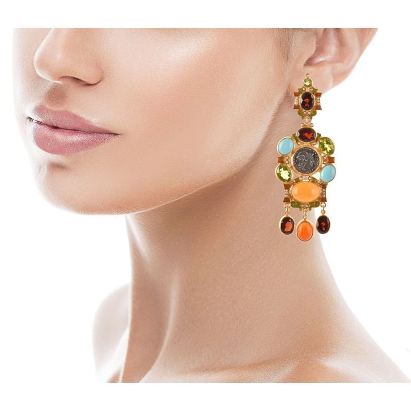 Roman coin earrings, handmade in Italy by Percossi Papi with reproduction of ancient coin and natural stones