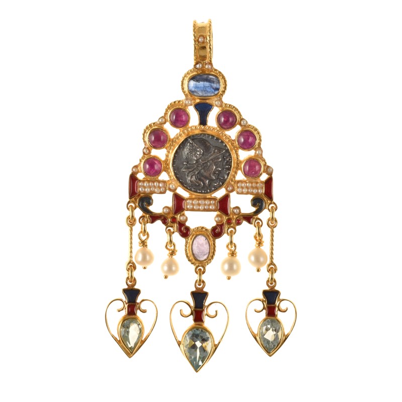 Roman coin pendant, handmade in Italy by Percossi Papi with rnatural stones