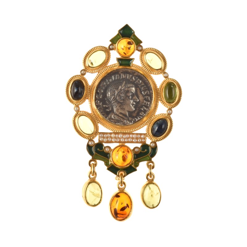 Roman brooch handmade in Italy by Percossi Papi with reproduction of ancient coin