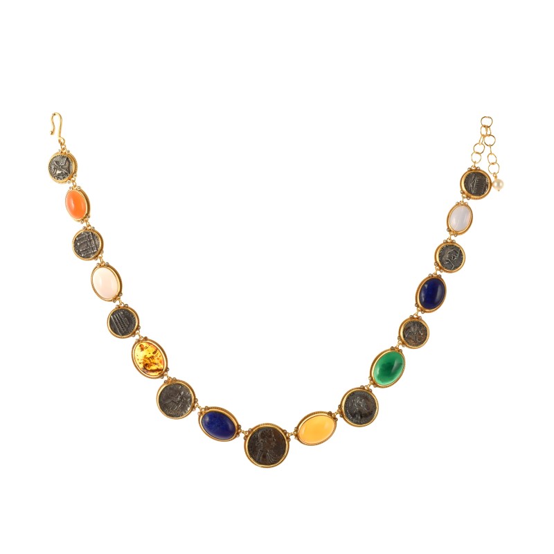Collier con monete romane, realizzato in Italia da Percossi Papi con pietre naturali