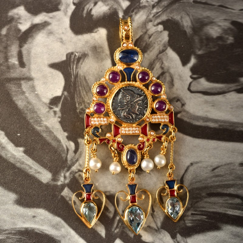 Roman coin pendant, handmade in Italy by Percossi Papi with rnatural stones