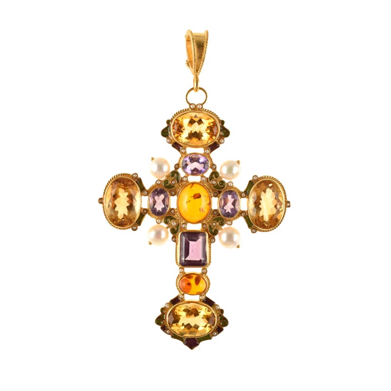 Baroque cross pendant handmade in Italy by Percossi Papi with natural stones