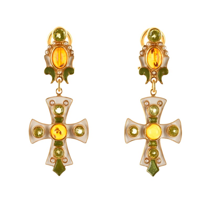 Byzantine cross earrings, handmade in Italy by Percossi Papi with natural stones