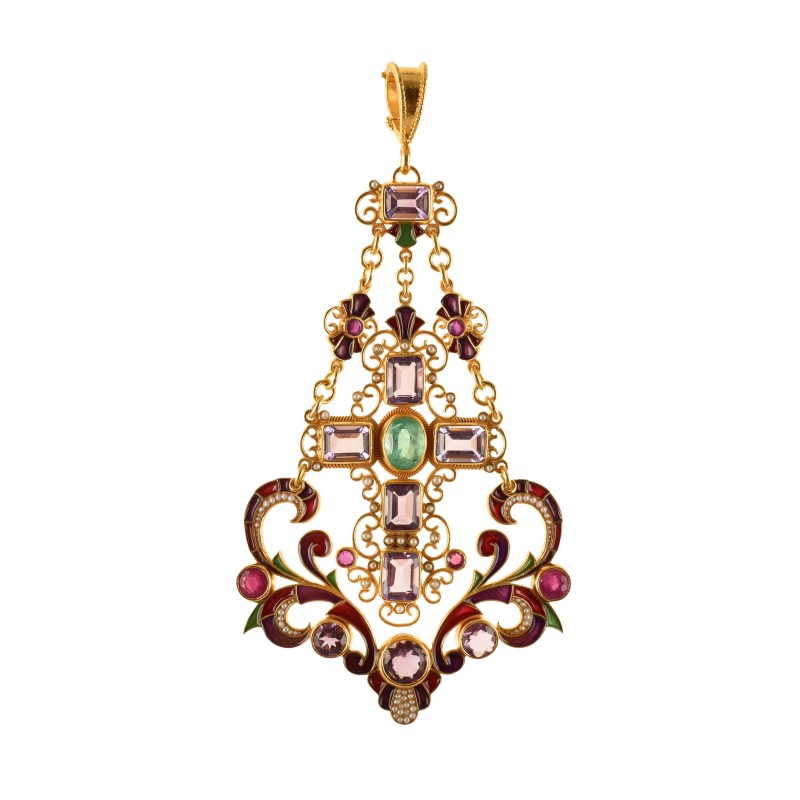 Renaissance cross pendant  handmade in Italy by Percossi Papi with natural stones