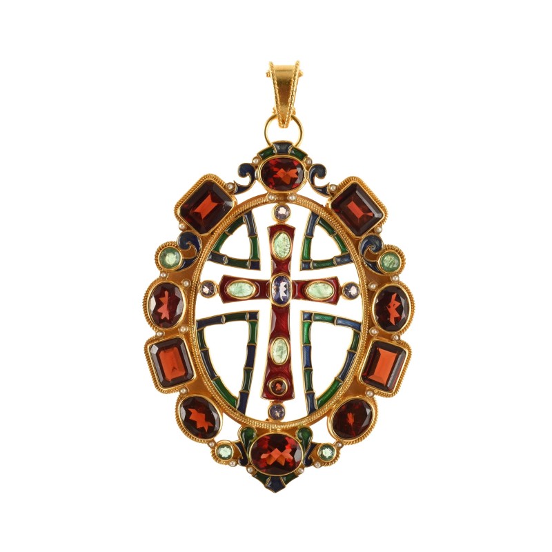 Renaissance cross pendant,handmade in Italy by Percossi Papi with natural stones