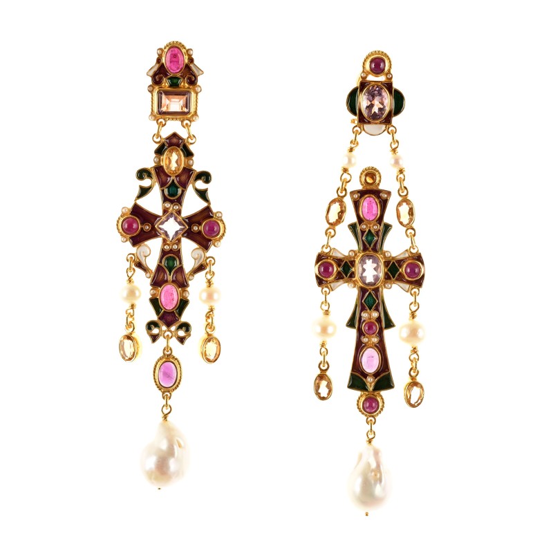 Asymmetrical cross earrings  handmade in Italy by Percossi Papi with natural stones