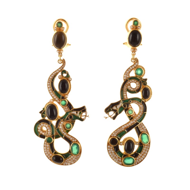 Snake earrings, handmade in Italy by Percossi Papi with natural stones