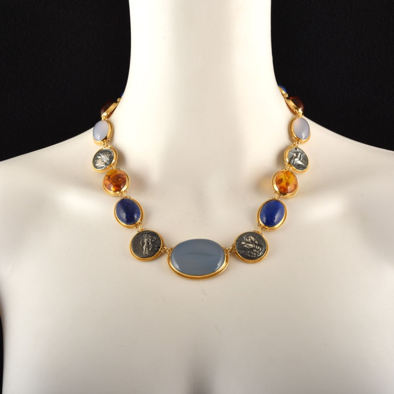 Coin necklace, handmade in Italy by Percossi Papi with natural stones