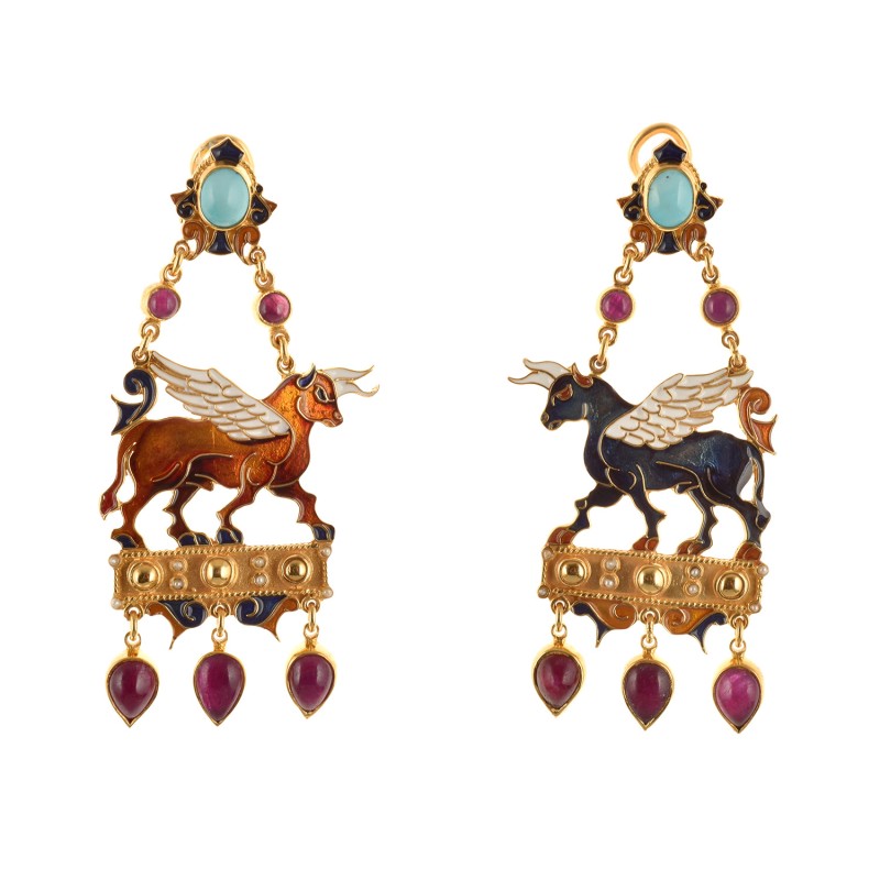Winged bull earrings, handmade in Italy by Percossi Papi with natural stones