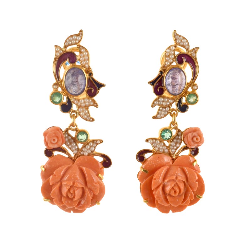 Coral roses earrings, handmade in Italy by Percossi Papi with natural stones