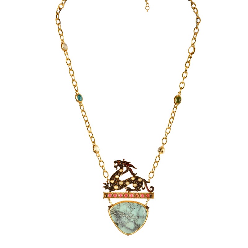Chinese dragon pendant, handmade in Italy by Percossi Papi with natural stones