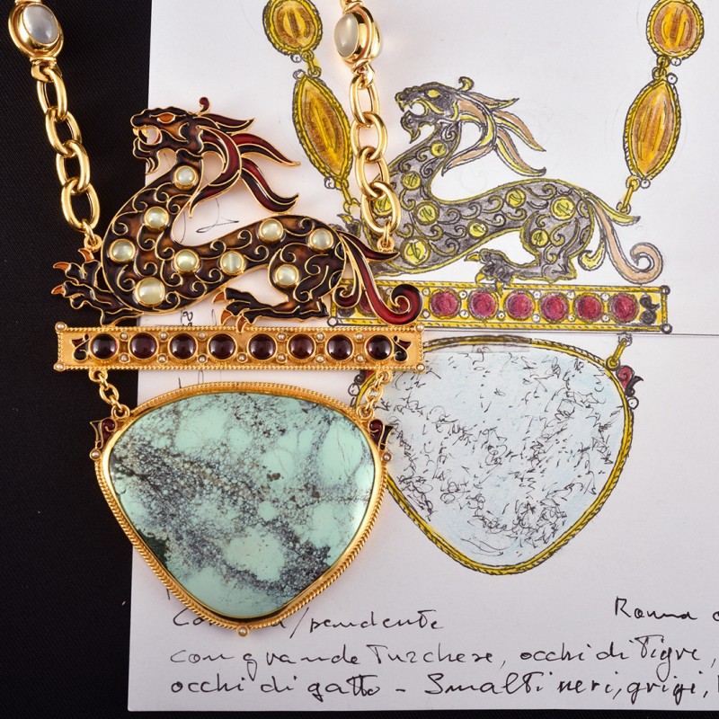 Chinese dragon pendant, handmade in Italy by Percossi Papi with natural stones