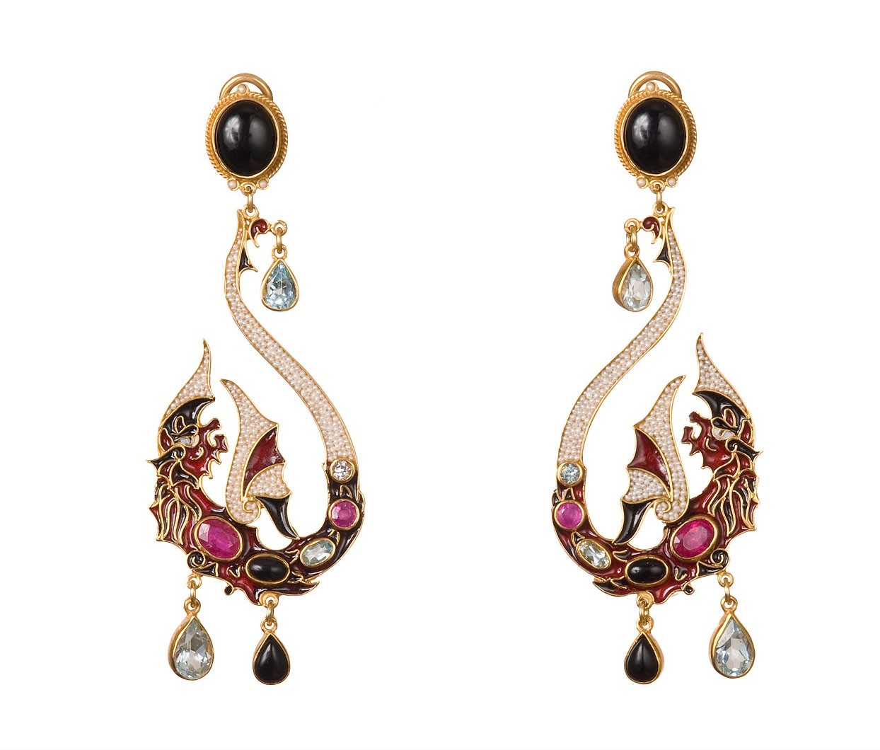 Dragons earrings handmade in Italy by Percossi Papi with natural stones